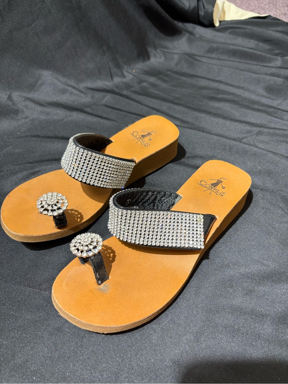Corkys Black Rhinestone and Tan Slide Sandals